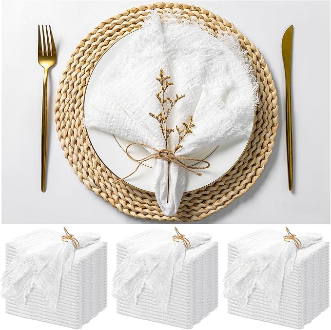 60 Pack White Cloth Napkins Cotton Linen Napkin 16 x 16 Inch White Napkins Cloth Handmade with Fringe Soft Washable Rustic Dinner Napkin Cloths for Wedding Party Dinner Table by ABKLESACH