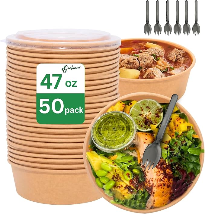 47 OZ Disposable Paper Bowls w/Lids Extra Large 50 Sets, Meal Prep Food Container Box w Lids Sporks, Spill-Proof Salad Bowls To Go Microwave, Perfect for Large Size Food without Bending - Image 8