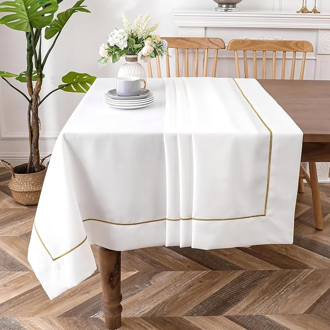 Majestic Giftware Linen Look Polyester Tablecloths for Rectangle Tables | (70/180) - TC1553 White with Gold Trim Design Etched at Seam Table Cover | Decorative Washable Tablecloth for Kitchen & Dining by MajesticGiftware