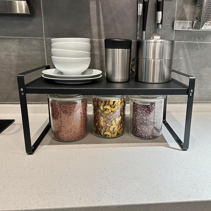 Set of 2 Expandable Cabinet Shelf Organizer, Black Kitchen Countertop Shelves, Stackable Metal Pantry Storage Organizer for Cupboard, Spice Rack - Image 2