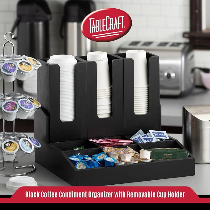 Tablecraft 12690 Coffee Condiment Organizer, 9 Compartments with 3 Removable Cup/Lid Holders, Bamboo Wood Painted Black, Ideal for Cafes, Breakfast Buffets, and Restaurants - Image 3