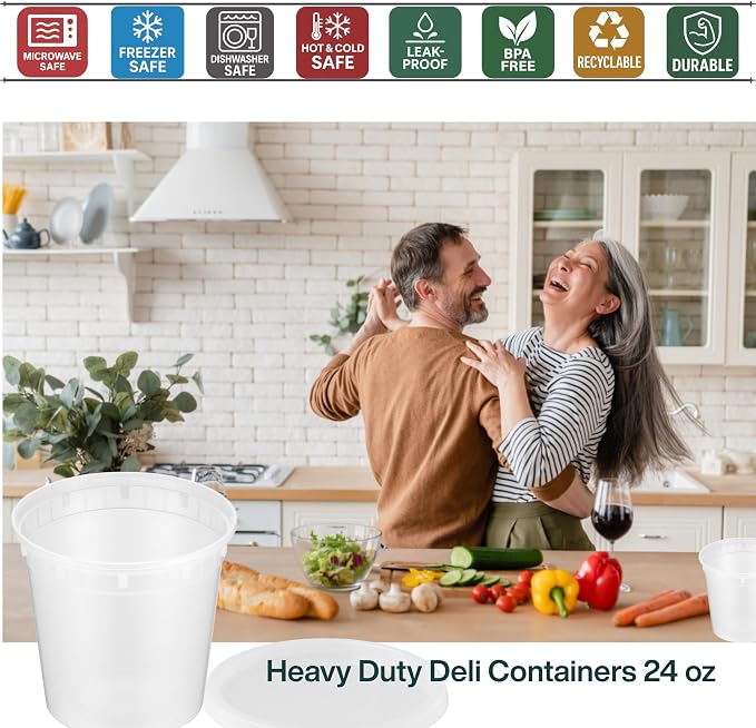 24oz [20 set] Heavy Duty Plastic Deli Container | BPA-Free Food Storage with Airtight Leak‑Proof Lids | Microwave, Freezer & Dishwasher Safe – Stackable, Bulk Reusable Soup & Meal Prep Tub - Image 4