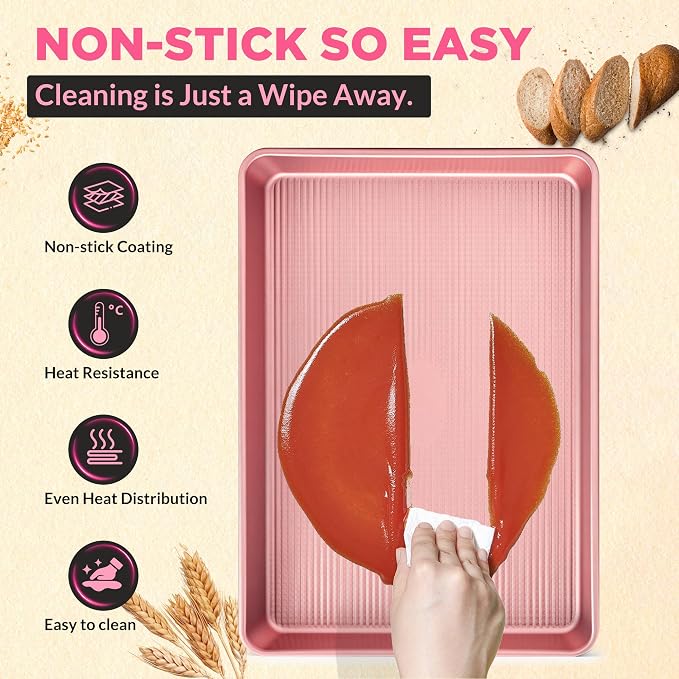 Saker 3-Piece Heavy Duty Carbon Steel Baking Sheets Set,Non-Stick Cookie | | Oven Safe, Even Heating, for Baking, Roasting, Cooking – Professional Grade (Pink) - Image 6