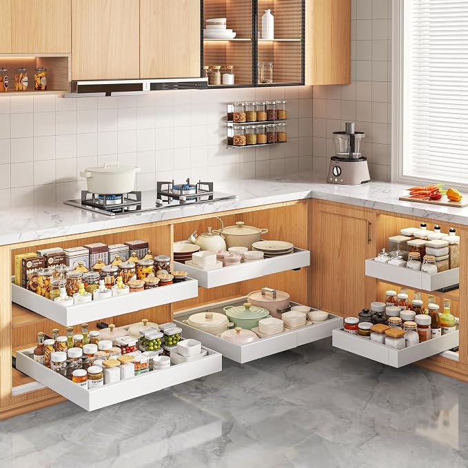 Seinloes 2 Pack Pull Out Cabinet Organizers 21"Deep with Raising Pad for Framed Cabinets,Expandable Slide Out Drawers Upgrade 3 Slide Rails,Roll Out Shelves Adhesive,Adjustable Width 12"-20.45" White - Image 7