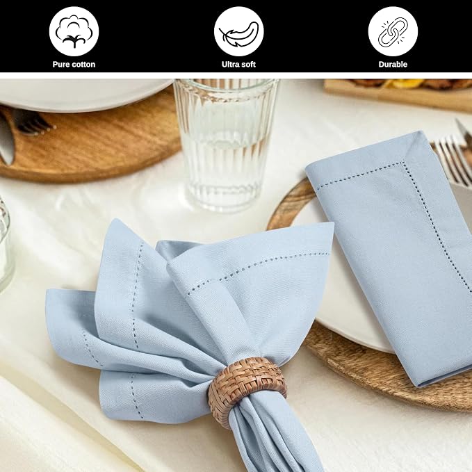 Bedding Craft Hemstitched Cotton Cloth Dinner Napkins Set of 12 – 18x18 Winter Sky Blue – Machine Washable Reusable Fabric Napkins for Weddings, Parties & Everyday Dining - Image 6