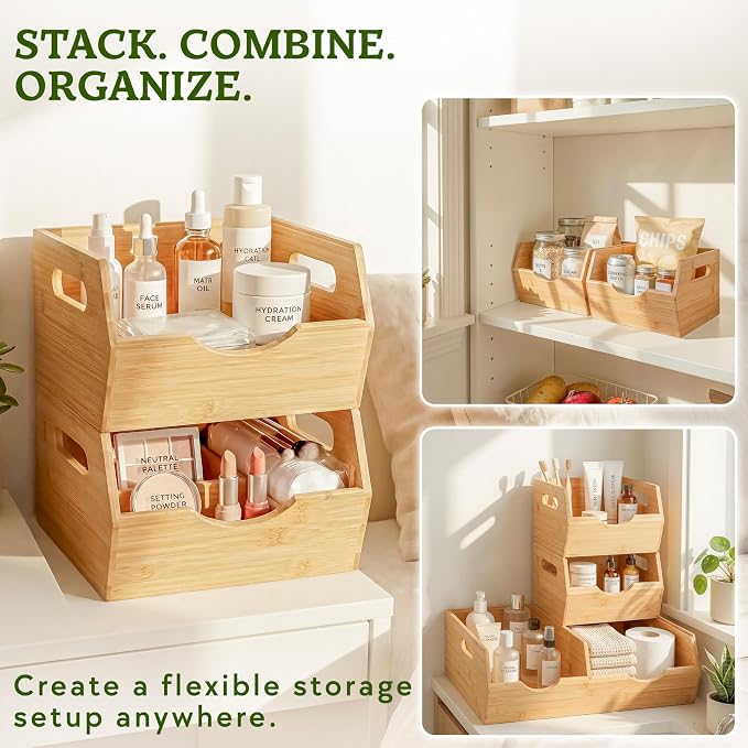 HOMESTEAD Extra Large Bamboo Pantry Storage Bins – 30% Larger, Stackable Potato Onion Storage Bin, Large Pantry Organizers and Storage, Produce Vegetable Organizer, Set of 3 - Image 4