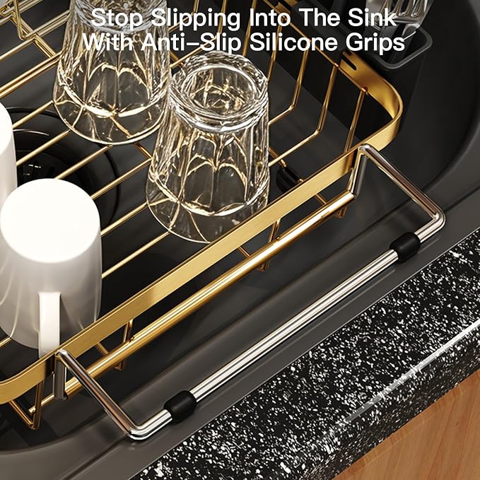 Gold Dish Drying Rack Over The Sink with Utensil Holder | Expandable Stainless Steel Dish Drainer for Small Kitchen, Apartment, RV, Counter Space Saving, Perfect Fit, Rustproof - Image 6