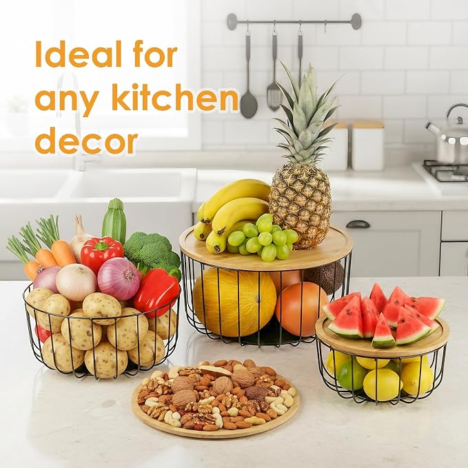 WELTOKE 3 Pack Fruit Basket For Kitchen Counter,Stackable Mesh Fruit Basket With Bamboo Lid,Large Fruit Bowl For Fruit And Vegetable Storage,Pantry Organizers - Image 3