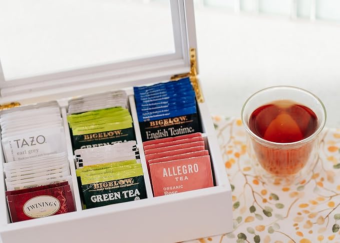 Break Tradition Wooden Tea Organizer For Tea Bags - Wooden Tea Chest With 6 Compartments - Clear Top Window - Lid Stays Open (White) - Image 8