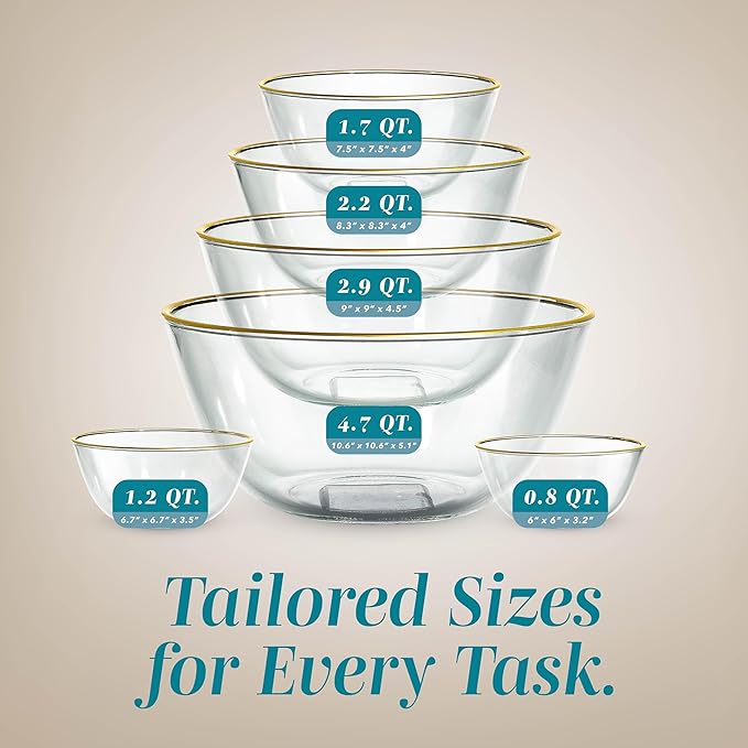 COOK WITH COLOR 12 Pc Glass Mixing Bowl Set with Lids – Borosilicate Glass Nesting Bowls for Cooking, Baking and Meal Prep, Gold Rim - Image 5