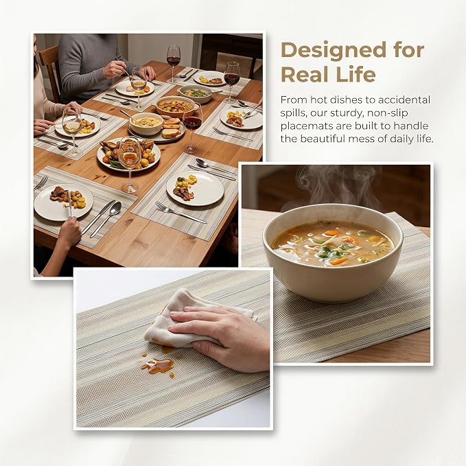 Textile Placemats Set of 6 - Heat Resistant Non-Slip Wipeable Place Mats for Party/Indoor/Outdoor Kitchen Dining Table, Washable Durable Woven Table Mats（Beige, 6） - Image 6
