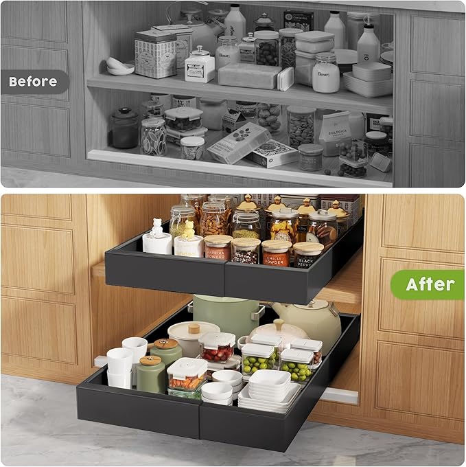 Seinloes 2 Pack Pull Out Cabinet Organizers 21" Deep With Raising Pad for Framed Cabinets, Expandable Width (9"-14") Slide Out Drawers Upgrade 3 Slide Rails, Roll Out Shelves Adhesive, Black - Image 6