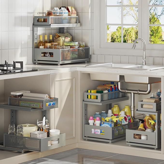 1 Pack 15.74IN-Depth Under Sink Organizer With Next-Gen Ball-Bearing Slides,2-Tier Pull Out Cabinet Storage,Height Adjustable Drawer Shelf for Bathroom,Kitchen,Laundry,Cabinet,Pantry-Gun Gray - Image 8