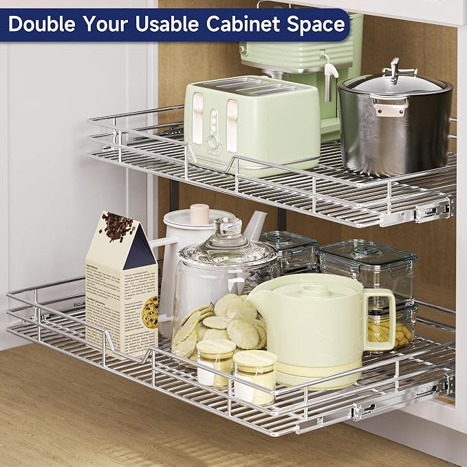 2-Tier Pull Out Cabinet Organizer, 28.5" W x 21.5" D, Heavy Duty Dual Slide Out Shelves for Wide Base Cabinets, Chrome Wire Basket Drawer for Pots, Pans, Pantry & Cleaning Supplies - Image 8