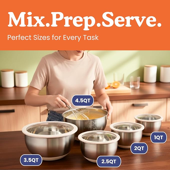 Non-Toxic Stainless Steel Mixing Bowls, Glass Lids, Plastic Free, 5-Pcs | LFGB platinum silicone seal. Keeps food fresh longer. Airtight. Non-slip silicone base. Dishwasher safe. Measurement marks. - Image 7