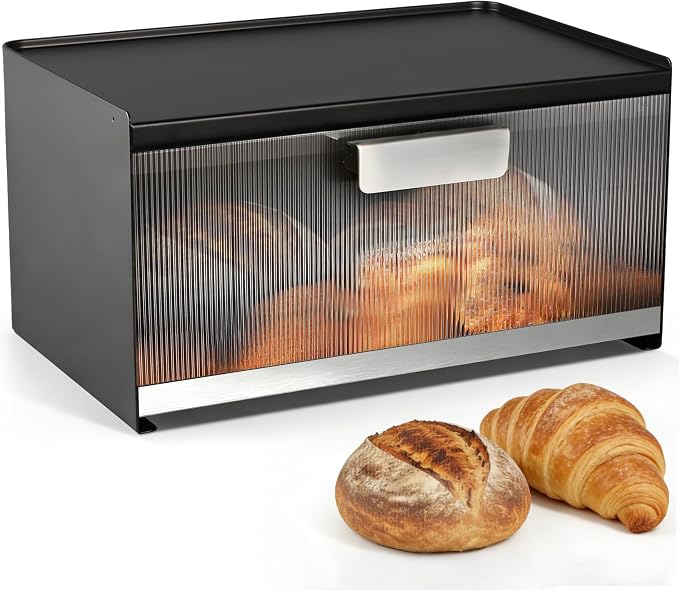 Metal Bread Box for Kitchen Countertop, 10 Qt Morden Small Breadbox | for Bread Storage, No Assembly Required, Easy Cleaning, Never Cracks, Black by FiveHome