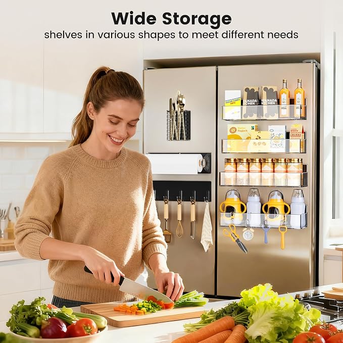 Mystozer Magnetic Spice Rack for Refrigerator,7 Pack Magnetic Shelf,Fridge Magnet Organizer with Paper Towel Holder,Utensils Racks,Hook Rack,Fridge Organizers and Storage Clear(7 Pack) - Image 7