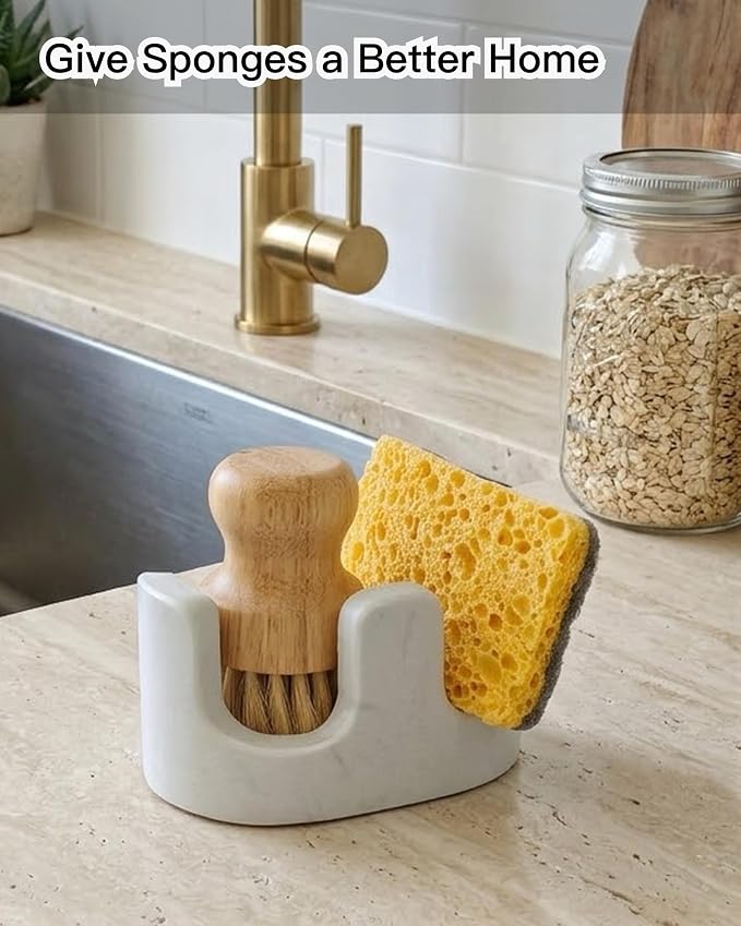 White Marble Sponge Holder for Kitchen Sink, Dual Slot Stone Caddy,Carrara White | 2-in-1 Natural Stone Sponge & Brush Holder, Raised Edge Helps Catch Water, Keeps Countertops Dry , Keeps Countertop Dry - Image 3
