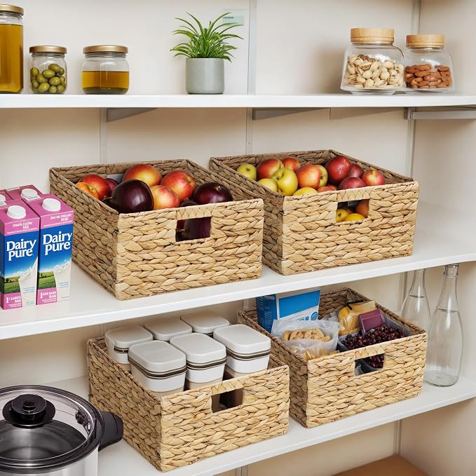 Large Square Woven Hyacinth Wicker Pantry Storage Baskets, Set of 2 | 12"x12"x6", Natural, Iron Wire Frame - Image 2