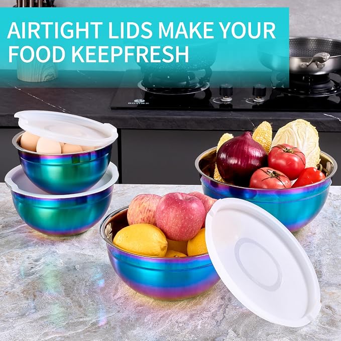 4 Piece Rainbow Mixing Bowls with Lids for Kitchen, Stainless Steel Mixing Bowls Set Ideal for Baking, Prepping, Cooking and Serving Food, Nesting Metal Mixing Bowls for Space Saving Storage - Image 6