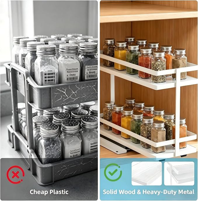 Pull Out Spice Rack 4Pcs Metal & Wood Seasoning Organizer White | No-Drill Install | Full-Extension Silent Glide | Each Tier Holds 10–12 Standard Spice Bottles | Rustproof, Wipe-Clean Surface - Image 7