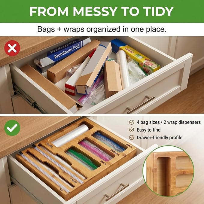 Bag Storage Organizer for Kitchen Drawer and Plastic Wrap Dispenser with Cutter, 6 In 1 Large Capacity Bamboo Foil and Plastic Bag Food Baggie Organizer for Snack, Sandwich, Gallon, Quart - Image 3