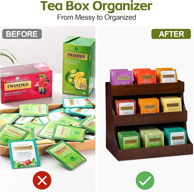 Bamboo Tea Bag Organizer, 3-Tier Tea Storage Box with 9 Compartments, Holds Up to 180 Bags, Tea Holder Organizer for Coffee Station, Kitchen Countertop, Pantry and Cabinet | No Installation Required | Natural Bamboo | No Burrs | No Odor | Sturdy & Dura... - Image 6