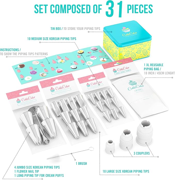 Professional Icing Tips Set (31pcs): Reusable Pastry Bag + 26 Extra Large Piping Tips + 3 couplers, for Decorating Cupcakes, Cakes & Churros - Piping Nozzles Kit Made in Korea & Japan - Image 2
