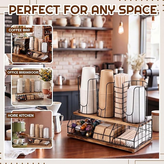 18oz Adjustable Coffee Cup Dispenser with Wooden Base, Cup and Lid Holder, Cups Holder Organizer for Coffee Pod Straw and Lid Storage(4-compartment Double,Color 5) - Image 3