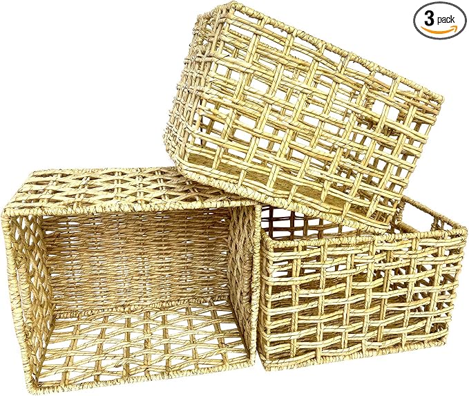 Handwoven Buri & Wicker Storage Baskets Set of 3 Open Weave, 12 x 10 x 8 In | Handwoven natural buri palm & wicker over sturdy iron frame, breathable storage for pantry shelve, toys towels & rustic décor by Wrightmart