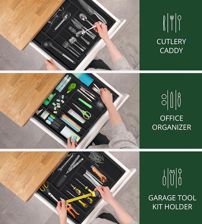 ROYAL CRAFT WOOD Luxury Bamboo Kitchen Drawer Organizer - Silverware Organizer - Utensil Holder and Cutlery Tray with Grooved Drawer Dividers for Flatware and Kitchen Utensils (9 Slot, Black) - Image 7