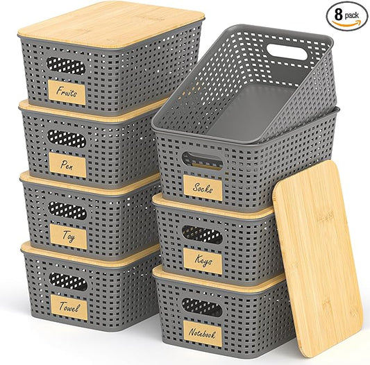 Stackable Storage Baskets: 8 Pack Plastic Baskets Bins, Gray | Decorative Baskets for Organizing, Pantry Decorative Containers for Closets, Cabinets, Shelves by Uvellgift
