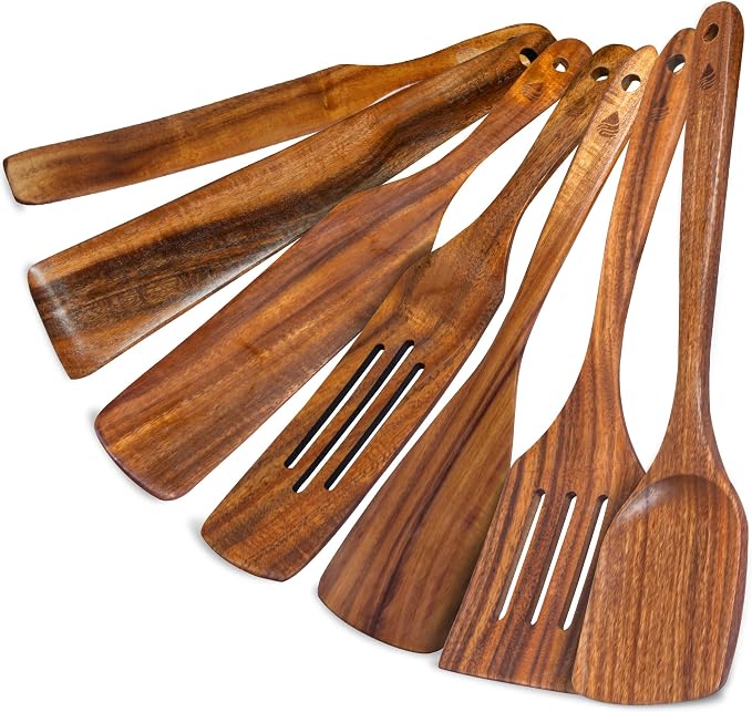 7 Pcs Teak Wooden Utensil Set, Wooden Spoons for Cooking | Non-Toxic & Nonstick Safe Kitchen Utensil, Durable Comfort Grip， Heat Resistant Wood Spatula Set by Vorisebo