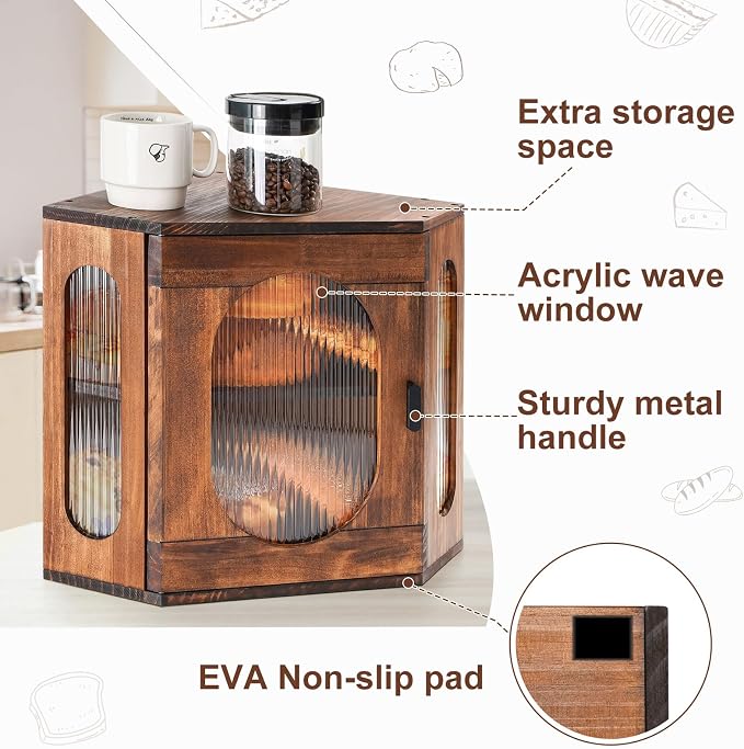 Sunhoo Bread Box for Kitchen Countertop Corner Bread Storage Wooden Breadbox Container 2 Layer Bread Holder Keeper Large Farmhouse Bread Bin Shelf for Homemade Pantry Vintage Acrylic Window(Brown) - Image 3