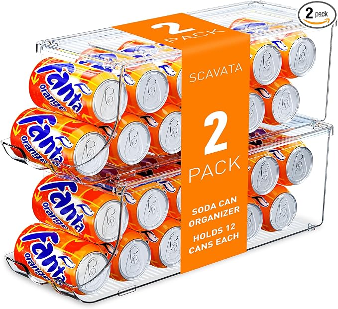 SCAVATA 2 Pack Soda Can Organizer for Refrigerator, Stackable Canned Food Pop Cans Container Can Holder Dispenser with Lid for Fridge Rack Freezer, Clear Storage Bins-Holds 12 Cans Each (Clear) by Tidyyourlife