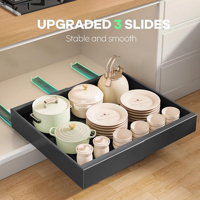 Seinloes 6 Pack Pull out Cabinet Organizer 21"Deep with Raising Pad for Framed Cabinets, Expandable Slide out Drawers for Kitchen Cabinets with 6pcs Divider Racks, Roll out Shelves 12.1"-20.4" W Black - Image 4