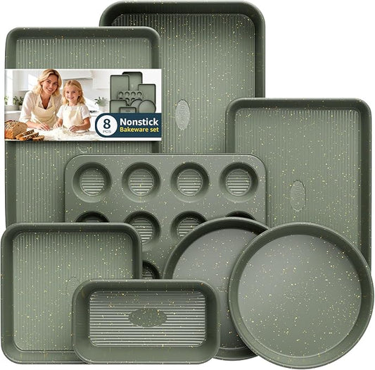 8-Piece Nonstick Bakeware Set, Stackable Oven Pan Set, Baking Pans Set | Includes Baking Sheet, Muffin Pan, Cake Pan, Square Pan, Loaf Pan, Cookie Sheet & Cooling Rack (Ceramic Coated Green) by SlowSLog