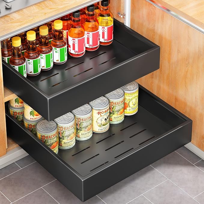 Pull out Cabinet Organizer, 21"Deep, 16.9"Wide Heavy Duty Full-Extension Slide out Drawers with Nano Adhesive, Roll Out Shelves Sliding Cabinet for Kitchen, Bathroom, Pantry,under sink Storage(Black) by Kitstorack