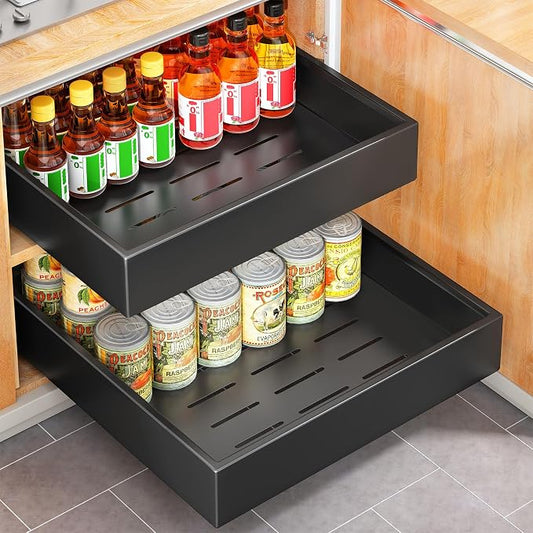 Pull out Cabinet Organizer, 21"Deep, 16.9"Wide Heavy Duty Full-Extension Slide out Drawers with Nano Adhesive, Roll Out Shelves Sliding Cabinet for Kitchen, Bathroom, Pantry,under sink Storage(Black) by Kitstorack