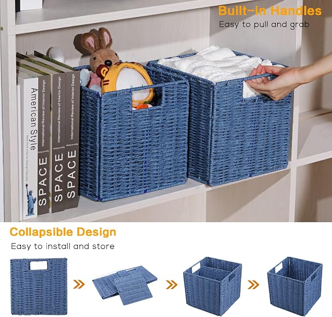 Wicker Storage Basket, Set of 2 Hand-Woven Storage Baskets for Shelves with Handles, Foldable Cube Storage Baskets Bins 11 Inch Large Wicker Baskets for Pantry Decor, Blue(11''x11''x11'') - Image 4