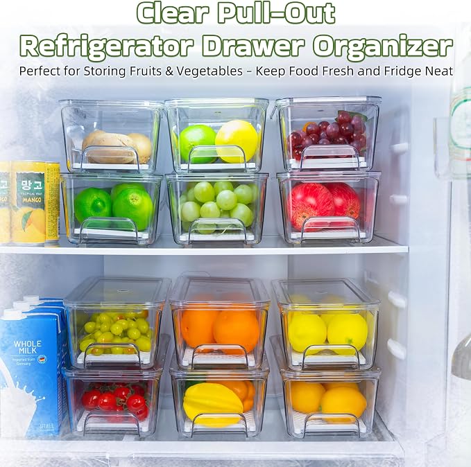 Large Fridge Organizer Drawers, 4 Pack Clear Pull-Out Refrigerator Organizer Bins, Stackable Fruit and Vegetable Storage Containers for Kitchen, Refrigerator, Pantry - Image 3