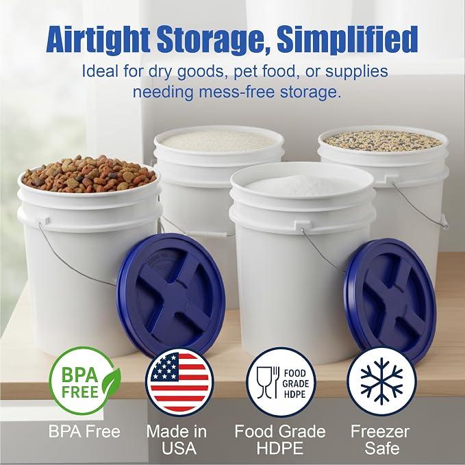 5 Gallon Bucket - Food Grade w/Lid BPA-Free, White/Blue, 3 | Airtight Gamma Seal Screw-On Lid, Heavy-Duty 90 Mil HDPE Plastic, Food Safe and Durable Container, Bulk Storage, Made in USA - Image 2
