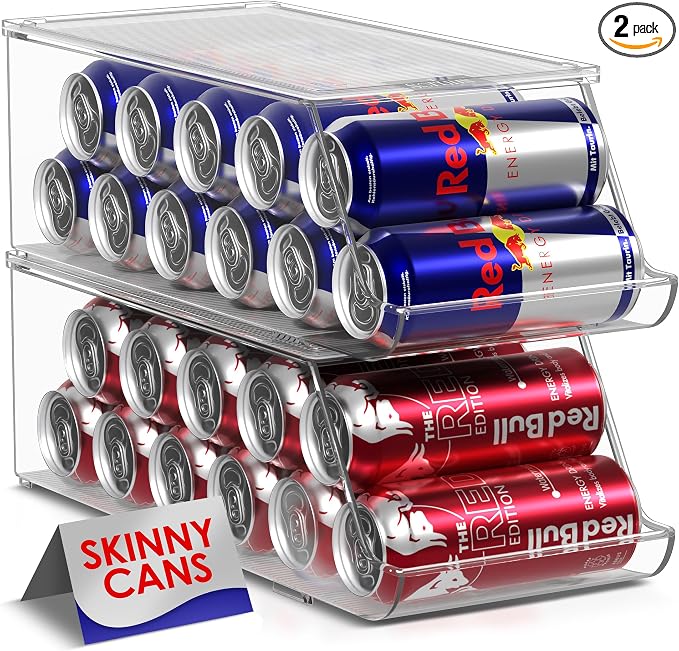 Sorbus Skinny Soda Can Organizer for Refrigerator - Stackable Slim Can Holder Dispenser with Lid for Fridge, Pantry, Freezer - BPA-Free, Clear Design, Drink Organizer for Fridge (2-Pack) by Sorbus