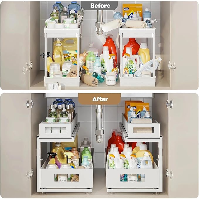 2 Pack 21.3IN-Depth Under Sink Organizer With Next-Gen Ball-Bearing Slides,2-Tier Pull Out Cabinet Storage,Height Adjustable Drawer Shelf for Bathroom,Kitchen,Laundry,Cabinet,Pantry-White - Image 6