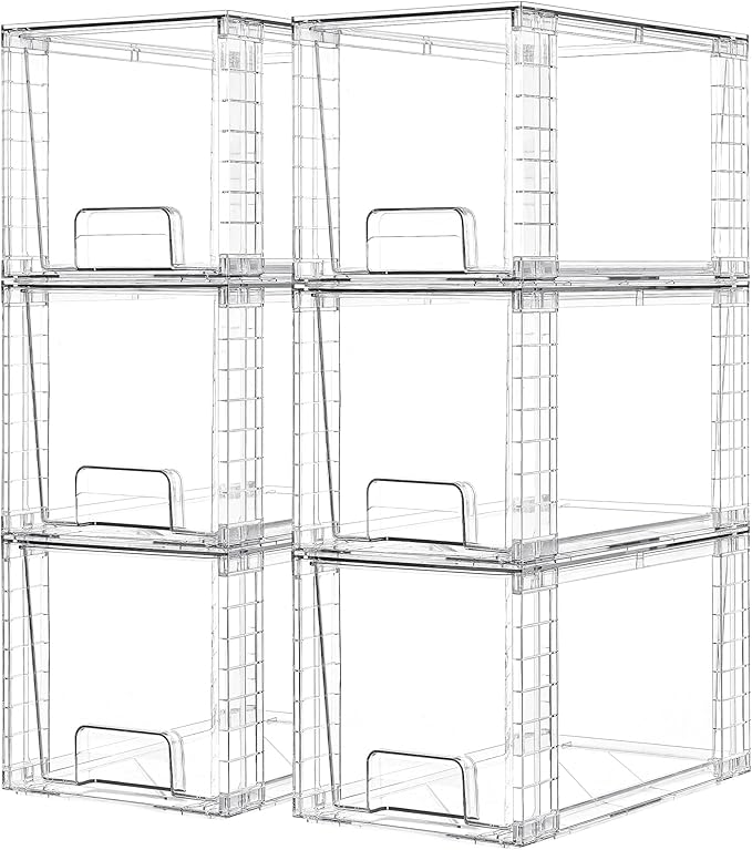 Vtopmart 6 Pack Large Stackable Storage Drawers | Easily Assemble Acrylic, Bathroom Closet Undersink Organizers, Plastic Bins for Kitchen Cabinets, Pantry, Makeup, Medicine by Vtopmart