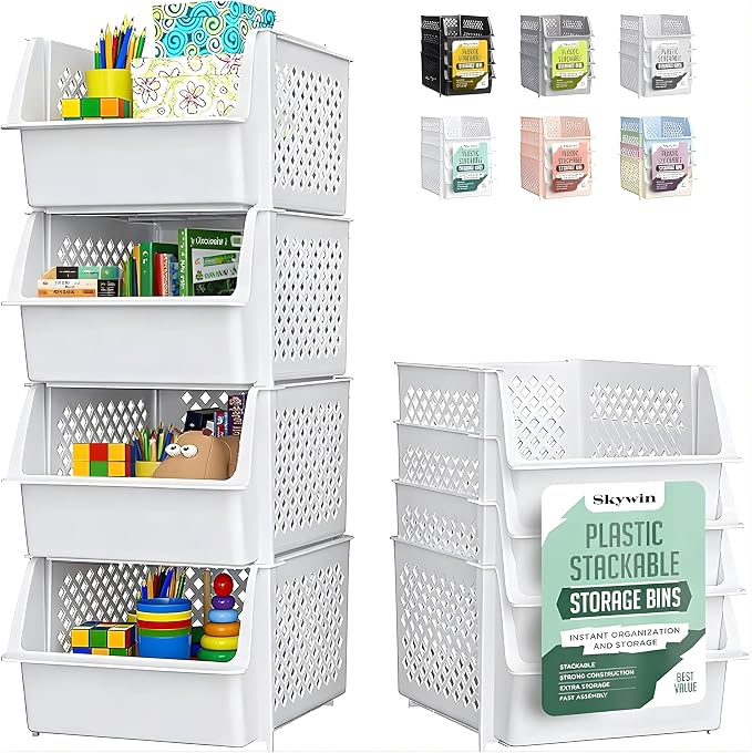 Skywin Stackable Storage Bins Open Front for Pantry Storage, 4 Pack - White | Sturdy Plastic, Easy Stacking, Open Front Access, Ventilated Sides, Vertical & Space Saving Pantry Organizers and Storage Bin by Skywin