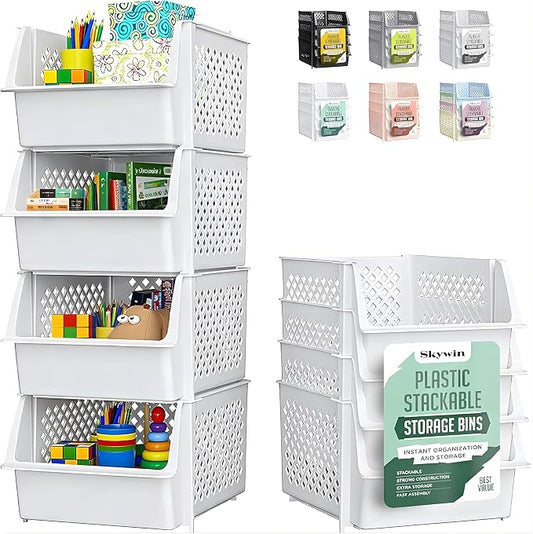 Skywin Stackable Storage Bins Open Front for Pantry Storage, 4 Pack - White | Sturdy Plastic, Easy Stacking, Open Front Access, Ventilated Sides, Vertical & Space Saving Pantry Organizers and Storage Bin by Skywin
