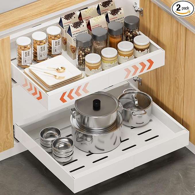 lockincar 2 Pack Expandable Pull Out Cabinet Organizer 21" Deep, Adjustable Width 12.2"-20.4" Slide Out Drawers & Roll Out Shelves for Kitchen Cabinets, Easy Install with Double-Sided Adhesive, White by Unknown