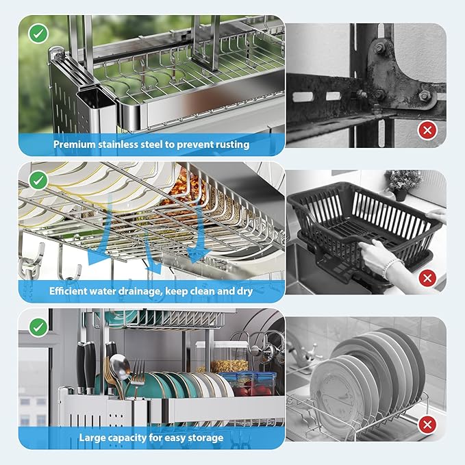 Over Sink Dish Drying Rack, Upgrade 2.5-Tier 304 Stainless Steel Dish Rack Adjustable Length with Pots and Pans Rack, Modern Over The Sink Dish Drainer Rack for Kitchen Storage Counter Organizer - Image 4