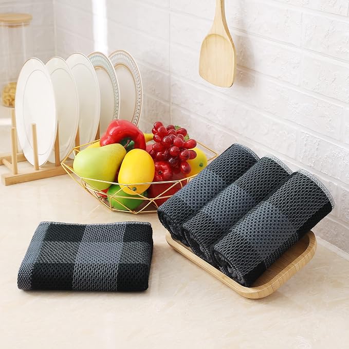 Homaxy Kitchen Towels and Dishcloths Set, Set of 8, Black & Grey | Bulk Cotton Waffle Weave Check Plaid Kitchen Towels, Super Soft and Absorbent Dish Cloths, 12 x 12 and 13 x 28 Inches - Image 8
